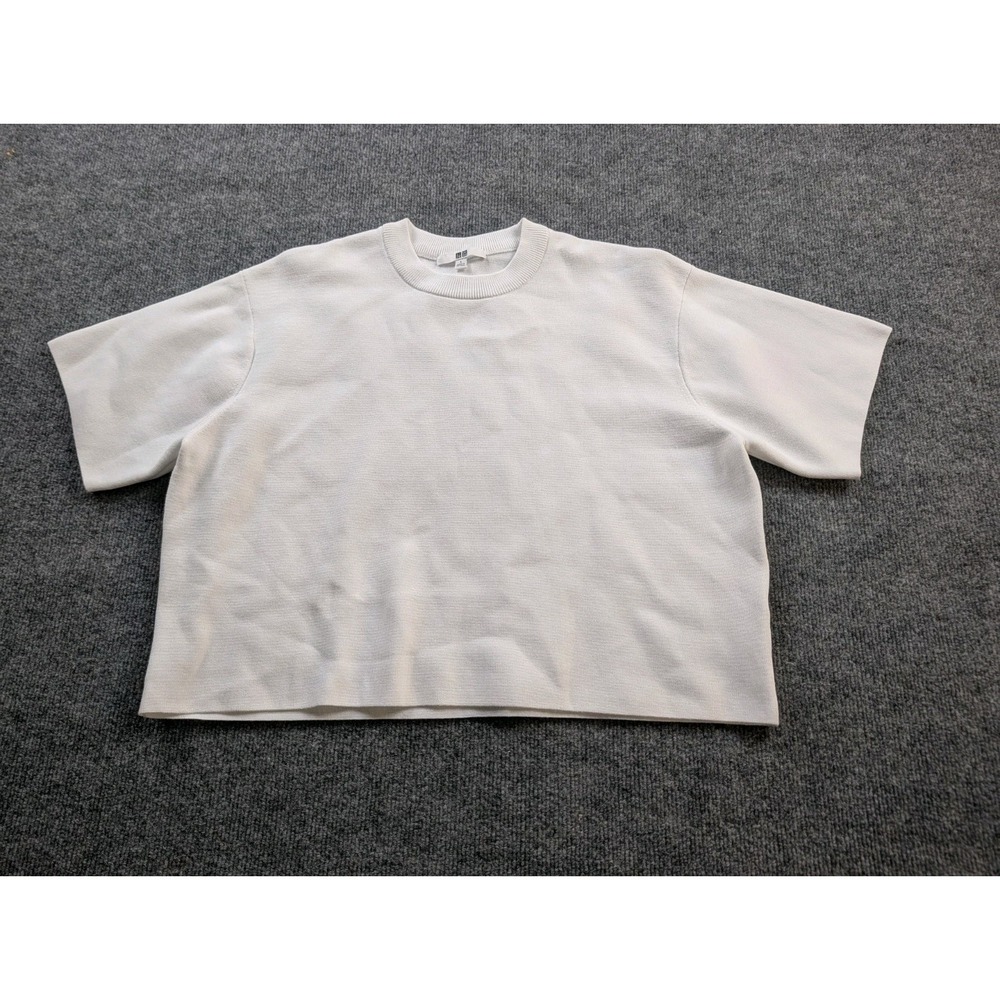 UNIQLO Washable Milano Ribbed Short Sleeve Sweater Womens Size L Off White 47832 - Picture 1 of 8